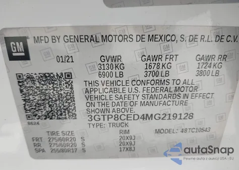 2021 GMC Sierra 1500 2Wd Short Box Elevation from USA, damaged, VIN 3GTP8CED4MG219128
